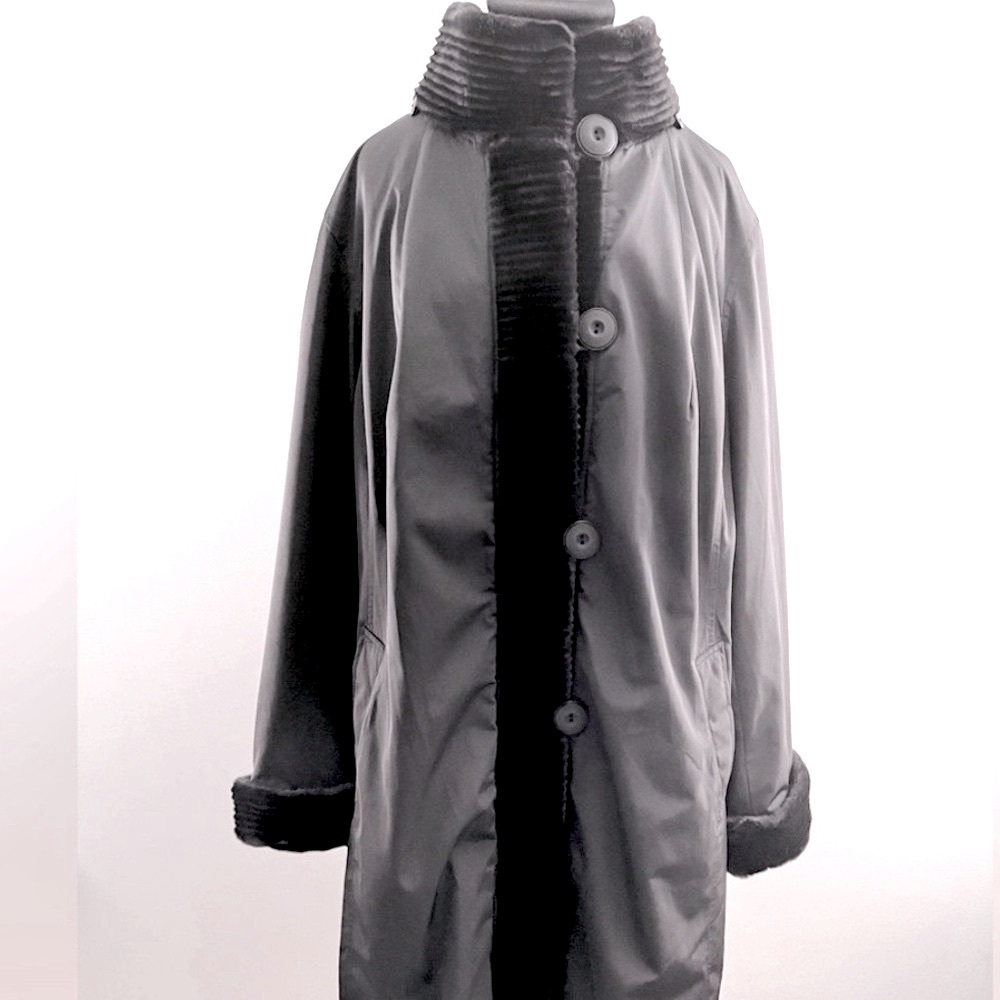 Vintage Style Faux Fur Mid-weight Black Trench Rain Winter Snow Coat 1X